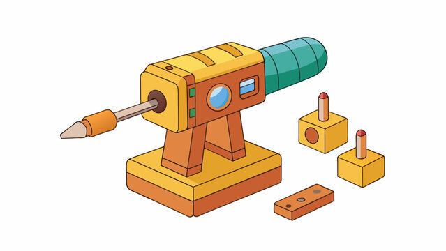 A mini toy tool set featuring a drill level and chisel. The tools are constructed of durable wood and painted in vibrant colors. The drill has a. Cartoon Vector.
