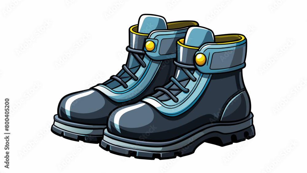 Poster a pair of shiny black boots with sy soles and steel toe caps. the boots have reflective stripes and 