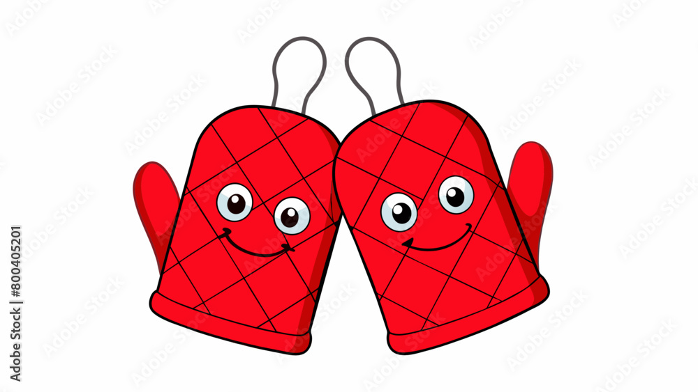 Poster a pair of bright red oven mitts made from soft felt material with a thick padding inside for protect
