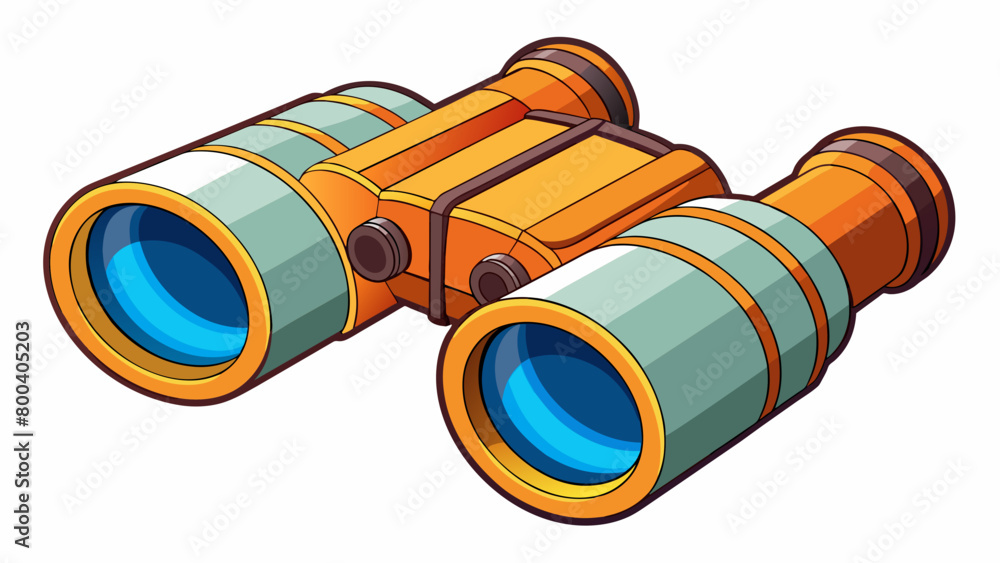 Poster A pair of highpowered binoculars with long adjustable barrels for better magnification. The lenses are large and coated with multilayered coating for. Cartoon Vector.