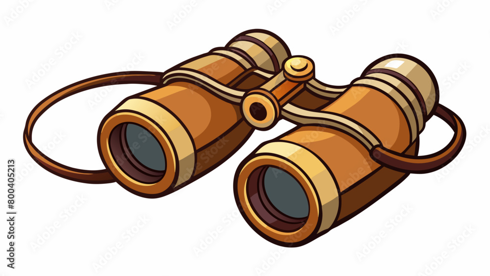 Poster a pair of traditional binoculars with a classic leather s connecting them. the eyepieces have a twis