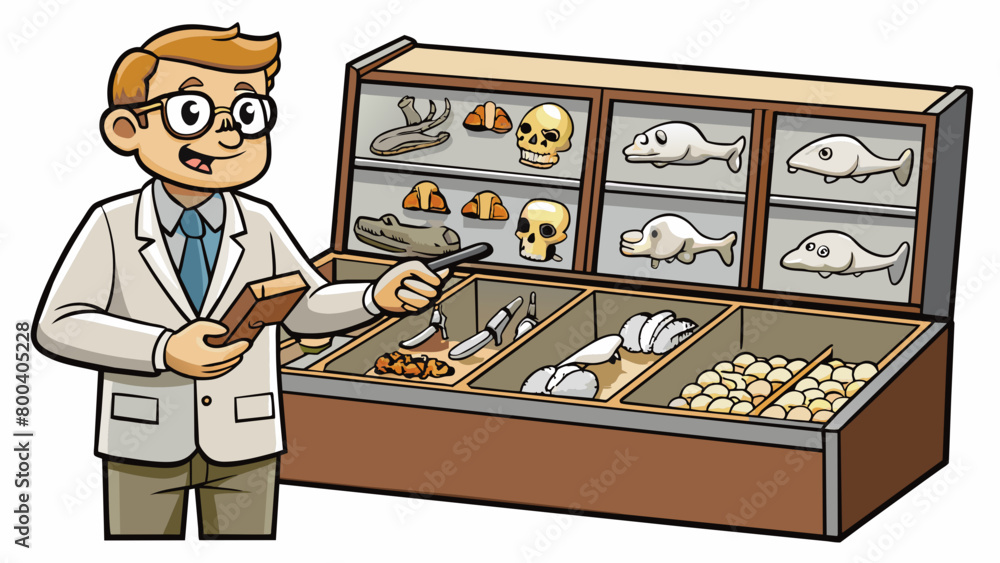 Poster A paleontologist examining a collection of fossils in a laboratory. The fossils are carefully organized in trays and display cases with labels. Cartoon Vector.