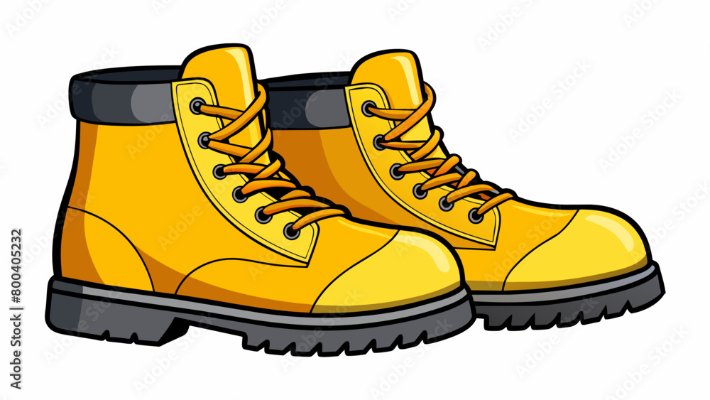 Poster a pair of yellow and black work boots made of sy rubber material. the boots have a ridged sole for b