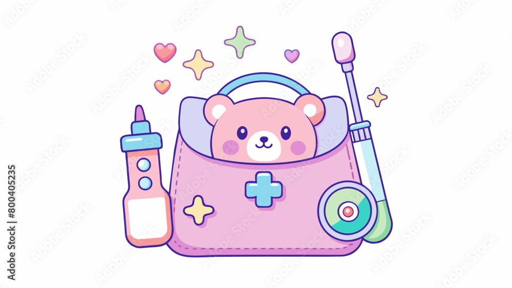 Poster a pastel pink and purple bag featuring a smiling cartoon bear on the front with a sparkly glitter bo