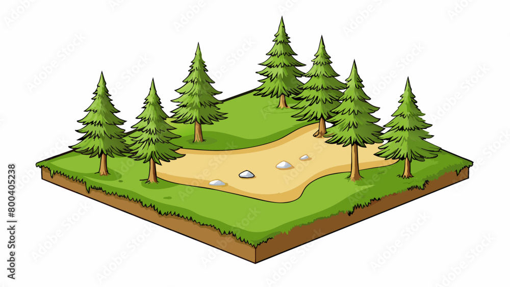 Poster a patch of sandy soil surrounded by tall pine trees offering a natural and serene setting for golfer
