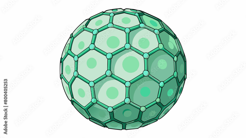 Poster A perfect sphere covered in small hexagons in shades of green with 12 larger white hexagons tered around it. The texture is slightly rough and the. Cartoon Vector.