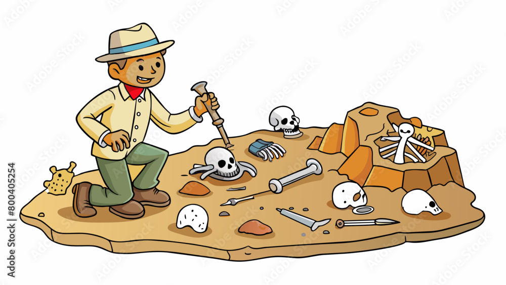 Poster a paleontologist kneeling in a dirt excavation site carefully cataloging and labeling different type