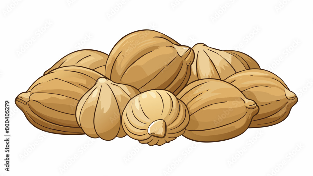 Fototapete A pile of crinkly paperthin shells with tiny openings at one end. Inside each shell is a smooth tancolored nut with a pointed tip and a deep crease. Cartoon Vector.