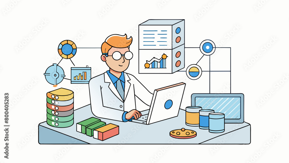 Fototapete A physicist is a data analyst who collects and analyzes large amounts of numerical and experimental data to support theories and make new discoveries.. Cartoon Vector.
