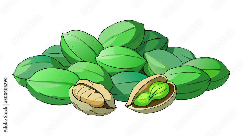 Aufkleber A pile of variously sized nuts all with a dark green inner shell and light green outer shell. Some are whole and intact while others have been cracked. Cartoon Vector.