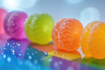 a close up of a bunch of candy candies on a white background with the colors of the rainbow in the background - Powered by Adobe