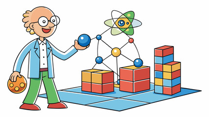 A physicist is a curious observer who studies the fundamental building blocks of the universe. They conduct experiments to investigate the properties. Cartoon Vector. - obrazy, fototapety, plakaty