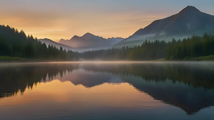 A serene mountain lake at sunrise, with mist rising from the water and the first rays of sun illuminating the surrounding peaks.