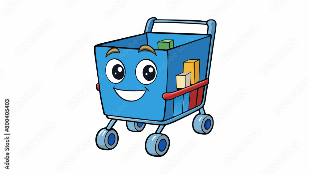 Poster A plush shopping cart made of soft plush material with a playful design featuring a smiling face and googly eyes. The cart rolls on four wheels and. Cartoon Vector.