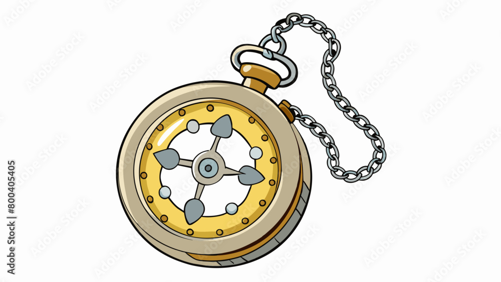 Poster a pocket watch with a silver chain and a small round face. the casing is engraved with a floral desi