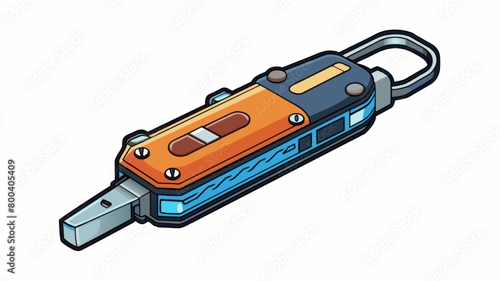 Poster A pocketsized gadget with a durable black handle and a foldout design. It contains various tools such as a bottle or corkscrew and a tiny screwdriver. Cartoon Vector.