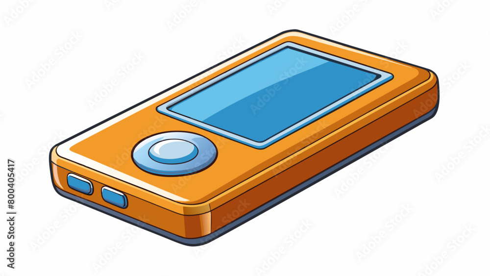 Poster A portable music player with a smooth touchscreen interface. Its body is slim and lightweight with a shiny metallic finish and a single circular. Cartoon Vector.