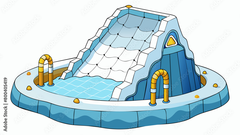 Poster A portable inflatable wall shaped like a giant iceberg floating in a pool. Its slick slippery surface offers a unique challenge for climbers trying to. Cartoon Vector.