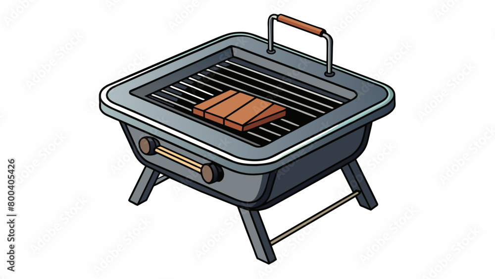 Poster a portable charcoal grill with a sleek rectangular design and sy cast iron cooking grates. its lid h
