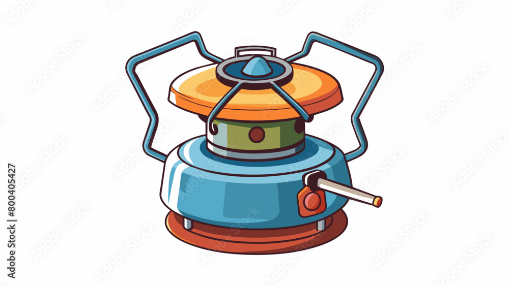 Poster a portable camping stove that runs on propane gas and can be easily carried in a backpack. it has a 