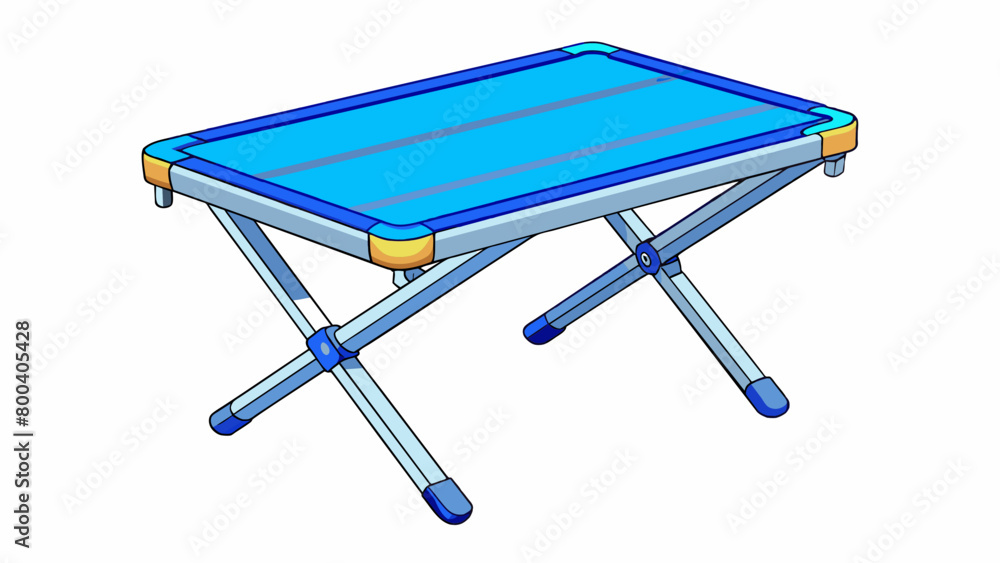 Poster a portable and compact folding table with a vibrant blue plastic top and durable aluminum frame. its