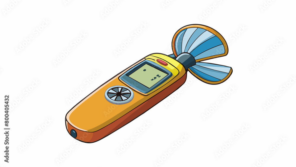Aufkleber A portable handheld device with a small propeller at one end and a digital display at the other end. The propeller spins faster as the wind speed. Cartoon Vector.