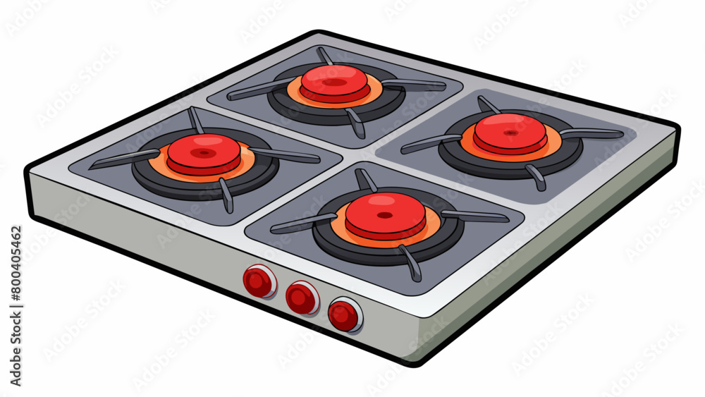 Poster A realisticlooking stovetop with four burners illuminated with red LED lights when turned on.  on white background . Cartoon Vector.