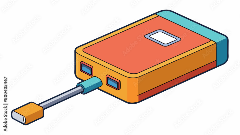 Poster A rectangular phone charger with a USB cable attached. The plug is designed for a specific phone model and has a unique shape and pin configuration.. Cartoon Vector.