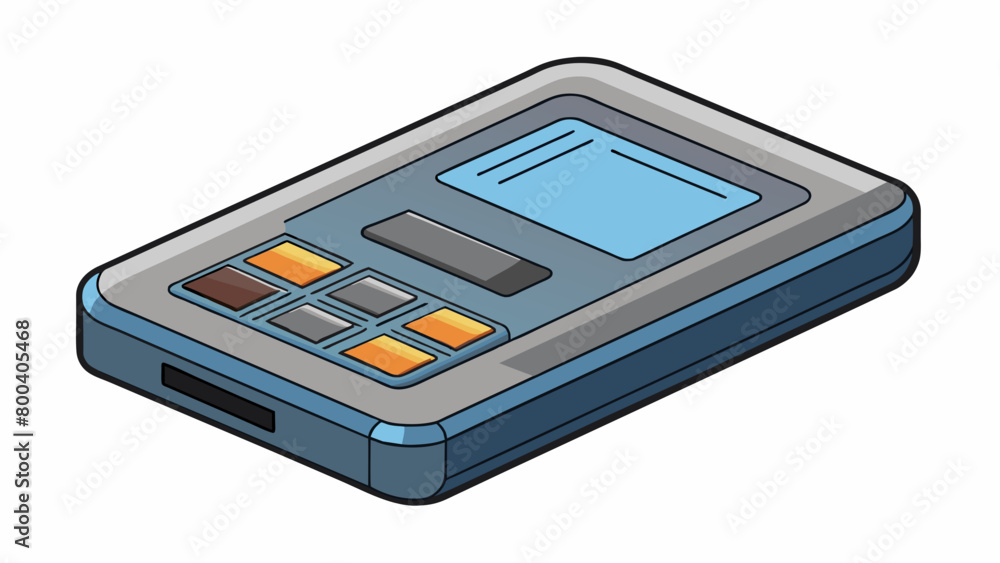 Aufkleber A rectangular device with a matte gray finish and a small keypad on one side. The top of the device has a slit for inserting a card and a small slot. Cartoon Vector.