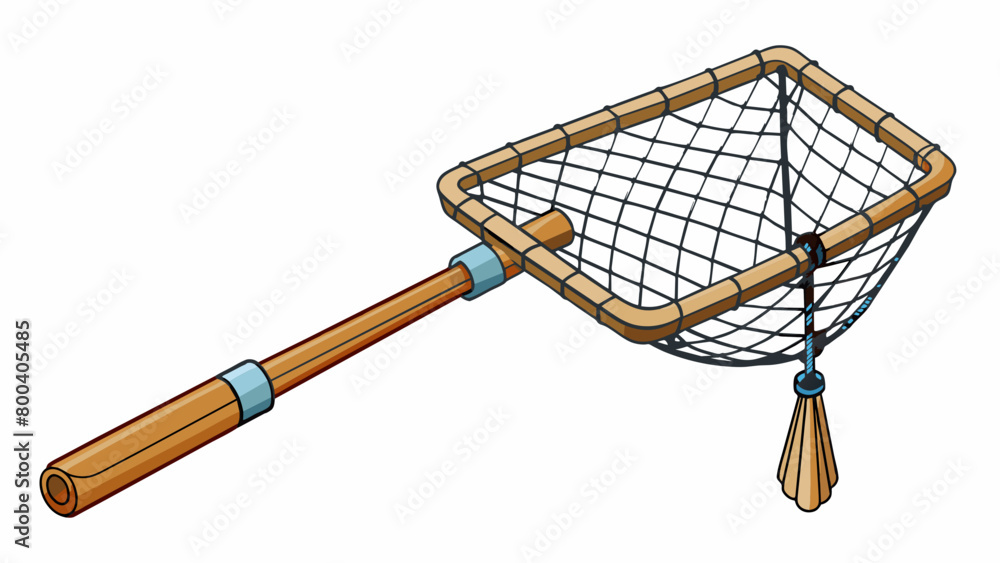 Poster A rectangularshaped fishing net with a wooden frame and thin flexible threads woven in a crisscross pattern. The net is equipped with floats on the. Cartoon Vector.