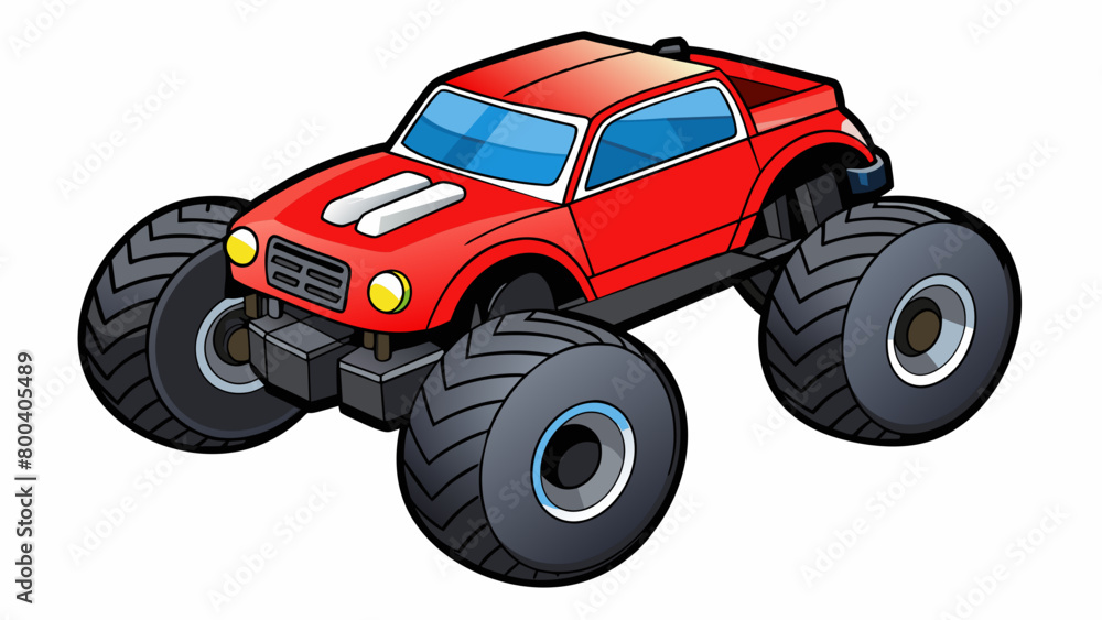 Poster a red and black monster truck remote control car with large treaded wheels and a sy suspension syste