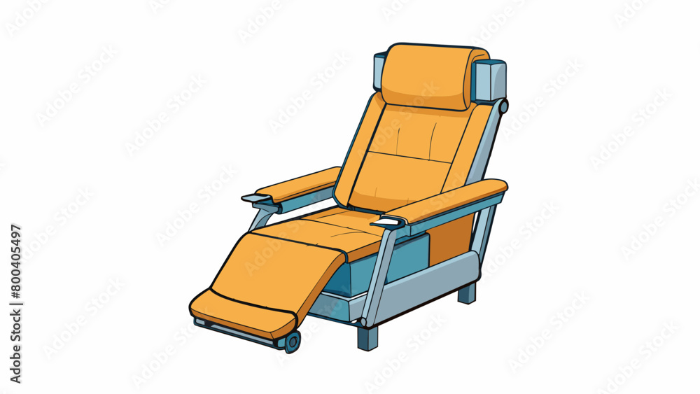 Poster A reclining chair with adjustable armrests and a headrest for maximum comfort. It is made of durable waterproof material and can easily be packed into. Cartoon Vector.