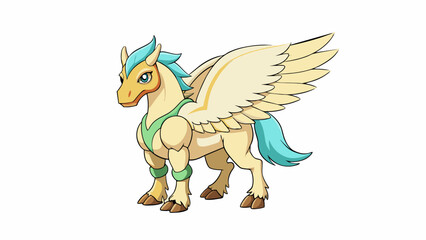 A powerful steed with a strong muscular body and majestic wings that span wide. Its ivorycolored coat is contrasted by vibrant iridescent markings. Cartoon Vector.