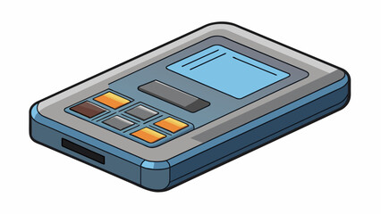 A rectangular device with a matte gray finish and a small keypad on one side. The top of the device has a slit for inserting a card and a small slot. Cartoon Vector.
