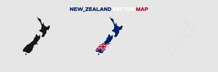 New_Zealand Map Vector Pack. Map with Flag. Gray Map Silhouette. Gray Outline Map. Editable EPS file. 