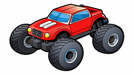 A red and black monster truck remote control car with large treaded wheels and a sy suspension system. It is capable of climbing over obstacles and. Cartoon Vector.