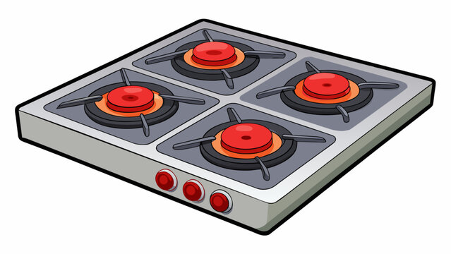 A realisticlooking stovetop with four burners illuminated with red LED lights when turned on.  on white background . Cartoon Vector.
