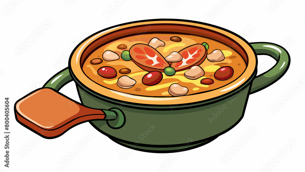 Aufkleber A rustic and hearty ham and bean soup bubbling in a large pot on the stove. Chunks of ham hock are submerged in a thick and creamy broth along with. Cartoon Vector.