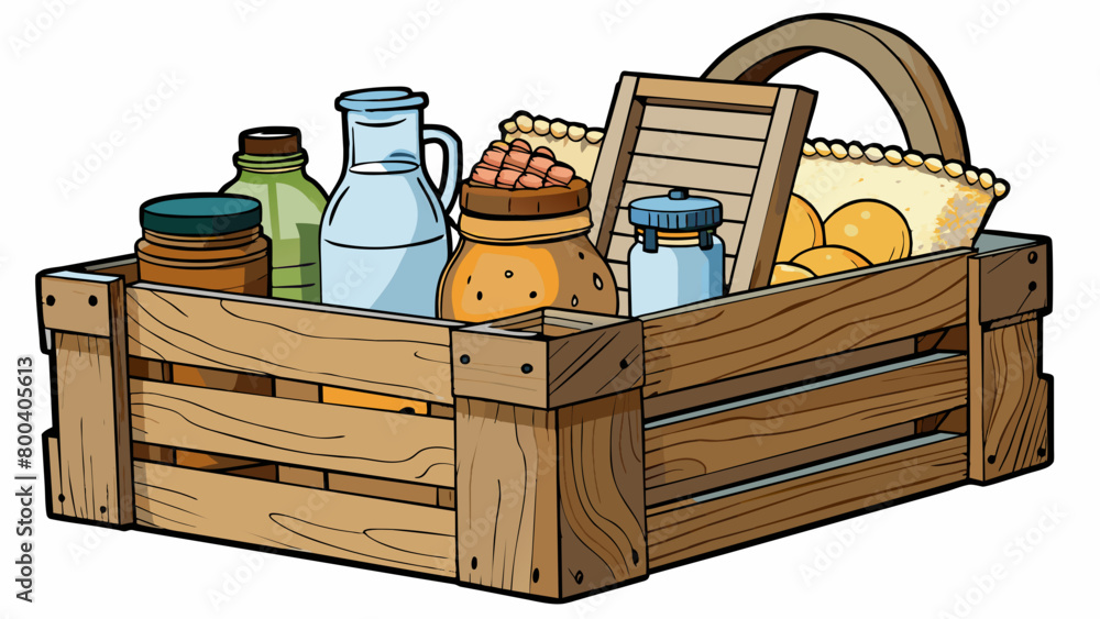 Poster A rustic wooden crate converted into a picnic basket. The crate has a distressed look with wooden slats and rope handles. Inside there are mason jars. Cartoon Vector.
