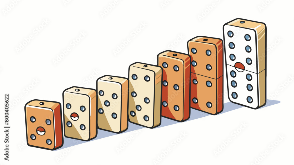 Poster A series of dominoes standing upright each representing a different input or feature. As the first domino is pushed it triggers a chain reaction. Cartoon Vector.