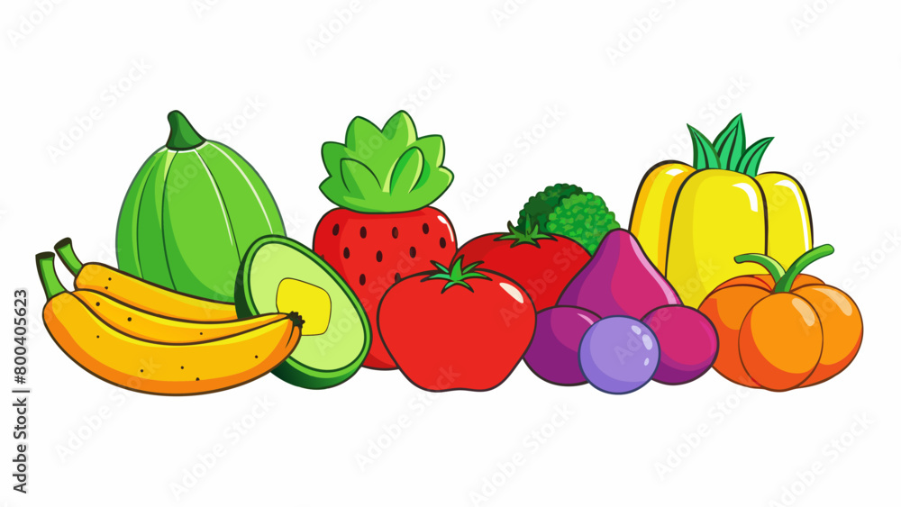 Poster a set of colorful plastic fruits and vegetables that look just like the ones grown in a garden. each