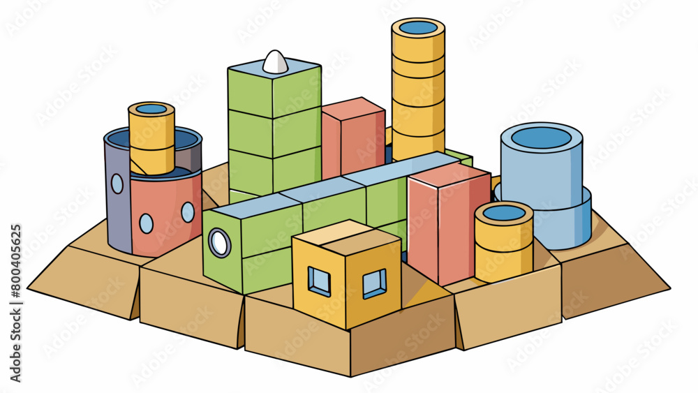 Poster A set of cardboard tubes boxes and foam shapes that can be used to build a miniature city. The tubes and boxes can be folded and connected to create. Cartoon Vector.
