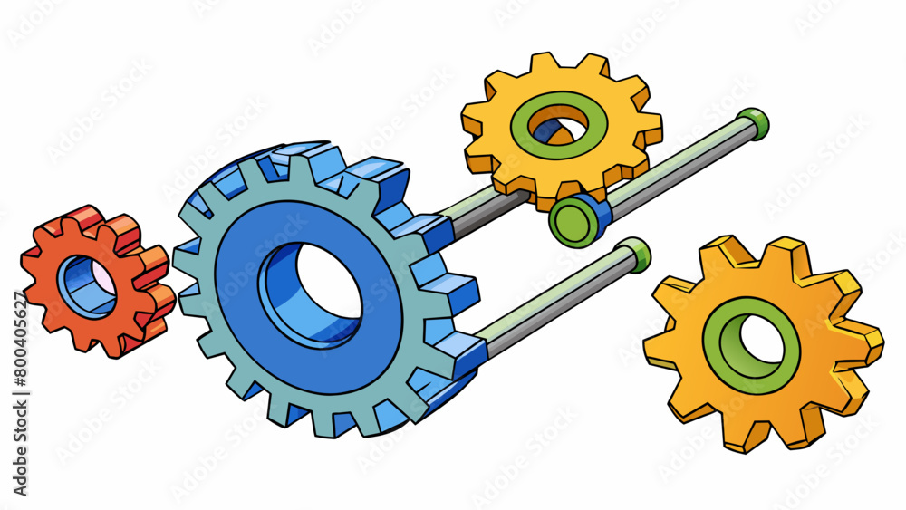 Poster A set of plastic gears rods and wheels that can be assembled to create a moving machine. The gears come in different sizes and colors and the rods and. Cartoon Vector.
