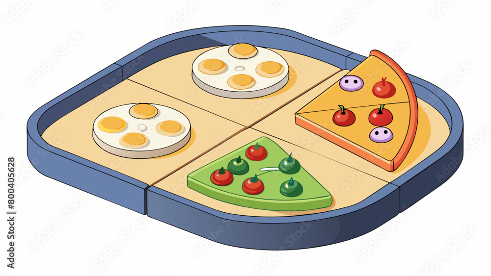 Poster A set of plastic pizza slices with removable toppings and a pizza ter. Each slice has a different topping such as mushrooms pepperoni and peppers for. Cartoon Vector.
