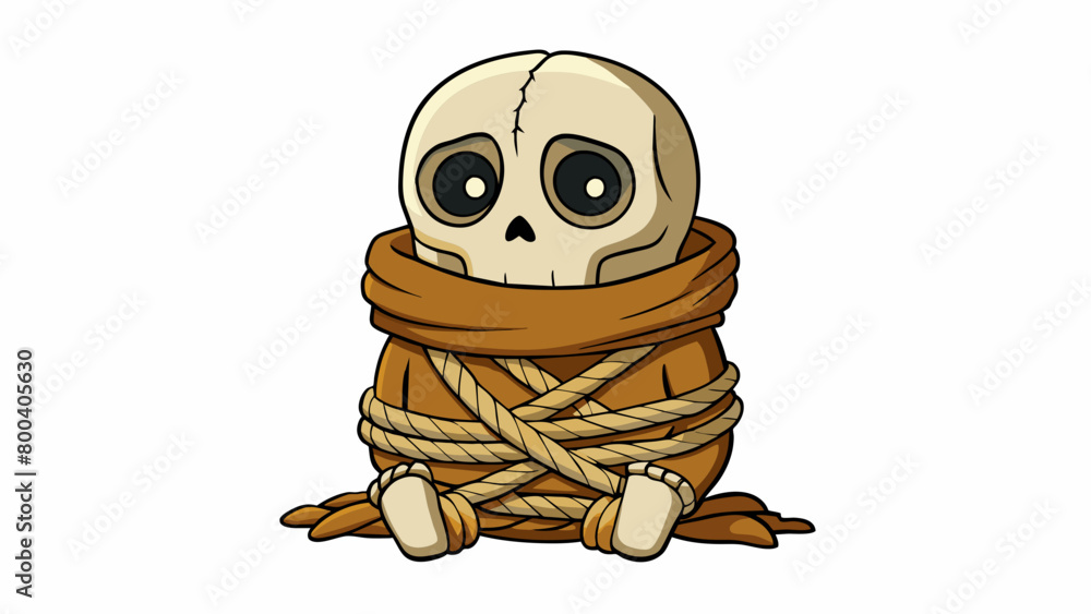 Poster a set of brittle bones bound together with ropes and twine covered in a tattered robe. the skeleton 