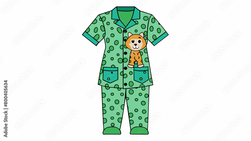 Poster A set of green scrubs with a fun animal print made from durable polyester fabric. The top features a mock collar and a front pocket while the pants. Cartoon Vector.