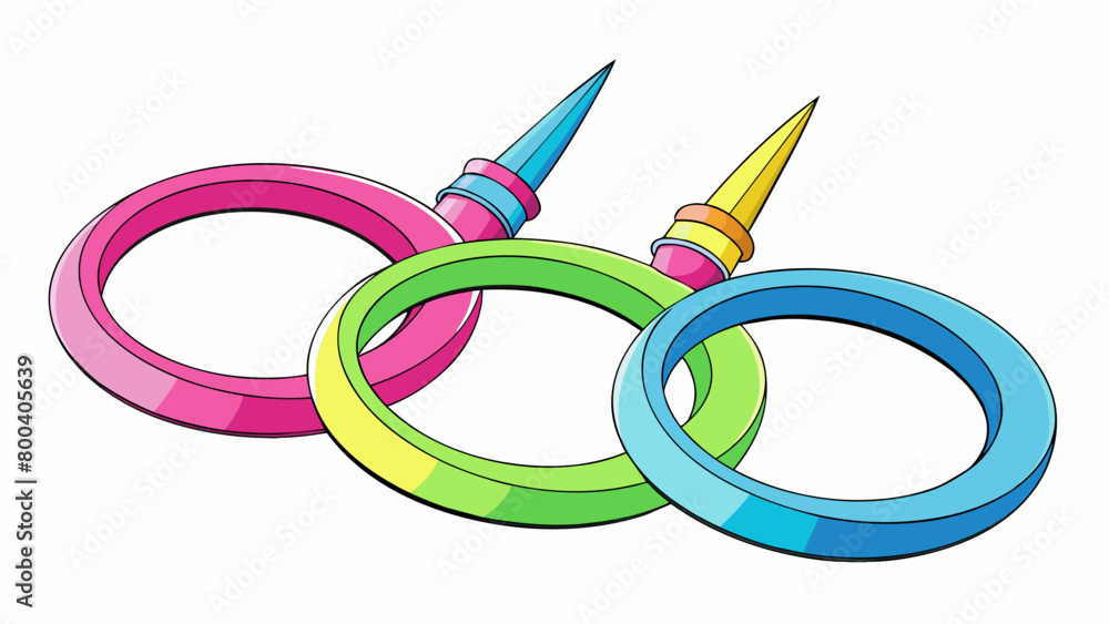 Poster A set of neoncolored plastic rings with sharp tips at one end. They can be used for tossing and catching in the water making for a fun game for all. Cartoon Vector.