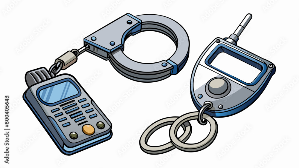 Poster A set of plastic handcuffs with a metallic finish complete with working keys for locking and unlocking. The handcuffs also have a safety release. Cartoon Vector.