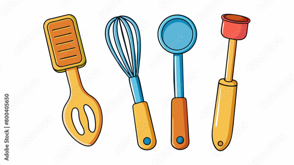Poster a set of plastic toy utensils including a spatula wooden s whisk and rolling pin. the utensils have 