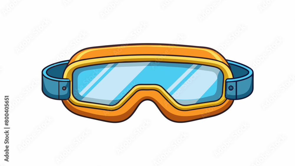 Poster A set of plastic construction goggles with an elastic s to keep them securely in place. The goggles have clear lenses and are designed to look just. Cartoon Vector.